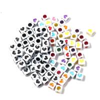 Schmelz Acryl Perlen, Quadrat, DIY & mit einem Muster von Herzen & Emaille, keine, 6.7x6.7x6.7mm, Bohrung:ca. 4.2mm, 100PCs/Tasche, verkauft von Tasche