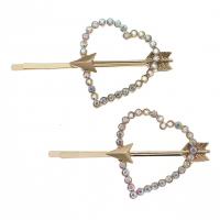 Hair Slide, Zinc Alloy, Heart, gold color plated, 2 pieces & for woman & with rhinestone, golden 