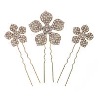 Hair Stick, Zinc Alloy, Flower, gold color plated, three pieces & for woman & with rhinestone, golden 
