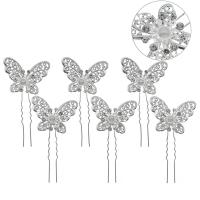 Hair Stick, Zinc Alloy, with Plastic Pearl, Butterfly, silver color plated, 6 pieces & for woman & with rhinestone, silver color 