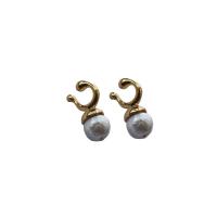 Freshwater Pearl Brass Earring, with Freshwater Pearl, gold color plated, for woman, 27mm 
