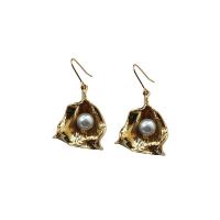 Brass Drop Earring, with Glass Pearl, Shell, gold color plated, for woman 