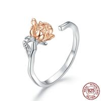 925 Sterling Silver Cuff Finger Ring, Rose, platinum color plated, Adjustable & for woman 