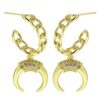 Boucles d'oreilles en laiton zircon cubique pavent, lune, Placage de couleur d'or, bijoux de mode & pavé de micro zircon & pour femme, doré, 42mm, Vendu par paire