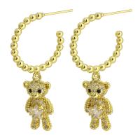 Boucles d'oreilles en laiton zircon cubique pavent, ours, Placage de couleur d'or, bijoux de mode & pavé de micro zircon & pour femme, doré, 40mm, Vendu par PC