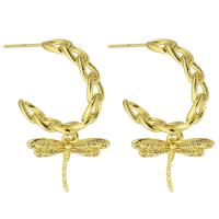 Boucles d'oreilles en laiton zircon cubique pavent, libellule, Placage de couleur d'or, bijoux de mode & pavé de micro zircon & pour femme, doré, 38mm, Vendu par paire