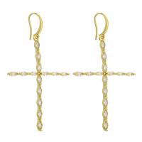 Cubic Zirconia Pendiente Brass Micro Pave, metal, Cruces, chapado en color dorado, Joyería & micro arcilla de zirconia cúbica & para mujer, dorado, 66x40mm, Vendido por Par