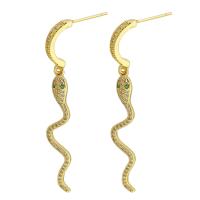 Boucles d'oreilles en laiton zircon cubique pavent, serpent, Placage de couleur d'or, bijoux de mode & pavé de micro zircon & pour femme, doré, 48mm, Vendu par paire