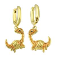 Brass Lever Back Earring, Dinosaur, gold color plated, fashion jewelry & micro pave cubic zirconia & for woman, orange, 37mm 