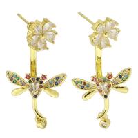 Boucles d'oreilles en laiton zircon cubique pavent, libellule, Placage de couleur d'or, bijoux de mode & pavé de micro zircon & pour femme, multicolore, 34mm, Vendu par paire