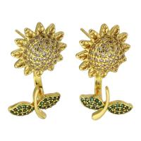 Boucles d'oreilles en laiton zircon cubique pavent, Tournesol, Placage de couleur d'or, bijoux de mode & pavé de micro zircon & pour femme, multicolore, 24mm, Vendu par paire