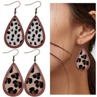 PU Leather Drop Earring, with Wood, brass earring hook, Teardrop, fashion jewelry & for woman 