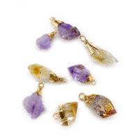 Pendentifs quartz naturel, améthyste, avec perles de citrine & laiton, Irrégulière, Placage de couleur d'or, DIY, plus de couleurs à choisir, 7x30- Vendu par PC