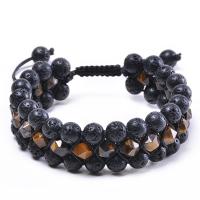 Gemstone Woven Ball Bracelets, Lava, with Knot Cord & Tiger Eye, three layers & for man, 22mm Approx 7.5-11.8 Inch 