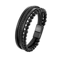 Leather Bracelet, with Natural Stone & 316L Stainless Steel, Round, plumbum black color plated, fashion jewelry & for man 30mm Approx 20 cm 
