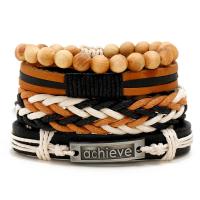Cowhide Bracelet Set, with Wax Cord & Wood & Zinc Alloy, with 8-9cm extender chain, knit, 4 pieces & Adjustable & fashion jewelry & for man, mixed colors cm 