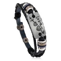 PU Leather Cord Bracelets, with Split Layer Cowhide Leather & Wood & Iron & Zinc Alloy, plated, Adjustable & fashion jewelry & multilayer & for man, mixed colors, 6mm cm 