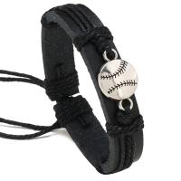 PU Schnur Armbänder, PU Leder, mit Hanfgarn & Zinklegierung, mit Verlängerungskettchen von 8-9cm, Baseball, stricken, Einstellbar & Modeschmuck & für den Menschen, schwarz, 12mm, Länge:17-18 cm, verkauft von PC