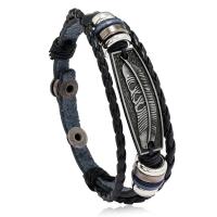 PU Leather Cord Bracelets, with Split Layer Cowhide Leather & Wood & Iron & Zinc Alloy, Feather, plated, Adjustable & fashion jewelry & for man, mixed colors, 6mm cm 