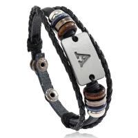 PU Leather Cord Bracelets, with Split Layer Cowhide Leather & Wood & Iron & Zinc Alloy, Letter A, plated, Adjustable & fashion jewelry & multilayer & for man, mixed colors, 6mm cm 