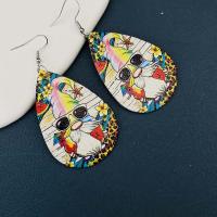 PU Leather Drop Earring, with Brass, brass earring hook, Teardrop, printing, fashion jewelry & for woman, mixed colors 