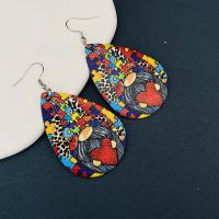 PU Leather Drop Earring, with Brass, brass earring hook, Teardrop, printing, fashion jewelry & for woman, mixed colors 