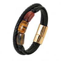 Tiger Eye Stone Bracelets, Leather, with Tiger Eye & 304 Stainless Steel, Double Layer & braided bracelet & Unisex 
