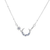 Cubic Zircon Micro Pave Sterling Silver Necklace, 925 Sterling Silver, Moon, platinum plated, fashion jewelry & micro pave cubic zirconia & for woman, blue, 13mm Approx 17.7 Inch 