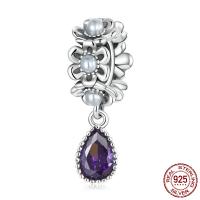 Sterling Silver European Pendants, 925 Sterling Silver, with Shell Pearl, oxidation, micro pave cubic zirconia, purple Approx 4.5mm 