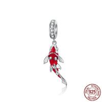 Sterling Silver European Pendants, 925 Sterling Silver, Fish, oxidation, micro pave cubic zirconia & enamel, red 