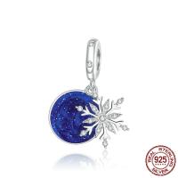 Sterling Silver European Pendants, 925 Sterling Silver, platinum color plated, micro pave cubic zirconia & enamel, blue 