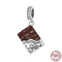 Sterling Silver European Pendants, 925 Sterling Silver, Chocolate, oxidation, micro pave cubic zirconia & enamel, coffee color 