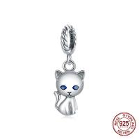 Sterling Silver European Pendants, 925 Sterling Silver, Cat, oxidation, micro pave cubic zirconia, platinum color 