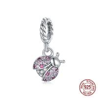 Sterling Silver European Pendants, 925 Sterling Silver, Insect, oxidation, micro pave cubic zirconia, pink 