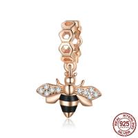 Sterling Silver European Pendants, 925 Sterling Silver, Bee, rose gold color plated, micro pave cubic zirconia & enamel 