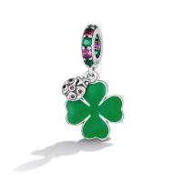 Sterling Silver European Pendants, 925 Sterling Silver, Four Leaf Clover, oxidation, micro pave cubic zirconia & enamel, green 