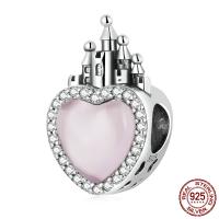Cubic Zirconia Sterling Silver European Beads, 925 Sterling Silver, with Glass, Heart, oxidation, micro pave cubic zirconia, pink Approx 4.5mm 