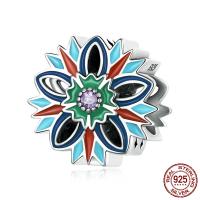 Enamel Sterling Silver European Beads, 925 Sterling Silver, Flower, oxidation, micro pave cubic zirconia, multi-colored Approx 5mm 