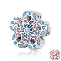 Enamel Sterling Silver European Beads, 925 Sterling Silver, Flower, oxidation, micro pave cubic zirconia, multi-colored 