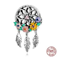 Enamel Sterling Silver European Beads, 925 Sterling Silver, Dream Catcher, oxidation, micro pave cubic zirconia & hollow, multi-colored Approx 4.5mm 