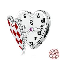 Enamel Sterling Silver European Beads, 925 Sterling Silver, Heart, oxidation, micro pave cubic zirconia, red 