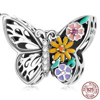 Enamel Sterling Silver European Beads, 925 Sterling Silver, Butterfly, oxidation, micro pave cubic zirconia & hollow, multi-colored Approx 4.5mm 