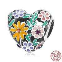 Enamel Sterling Silver European Beads, 925 Sterling Silver, Heart, oxidation, micro pave cubic zirconia, multi-colored 