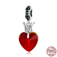 Sterling Silver European Pendants, 925 Sterling Silver, with Glass, Heart, oxidation, micro pave cubic zirconia, red 