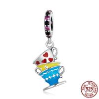 Sterling Silver European Pendants, 925 Sterling Silver, Cup, oxidation, micro pave cubic zirconia & enamel, multi-colored 