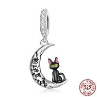 Sterling Silver European Pendants, 925 Sterling Silver, Cat, plated, micro pave cubic zirconia & enamel, black Approx 4.5mm 