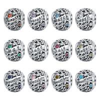 Cubic Zirconia Sterling Silver European Beads, 925 Sterling Silver, Round, oxidation & with letter pattern & micro pave cubic zirconia & enamel 