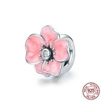 Cubic Zirconia Sterling Silver European Beads, 925 Sterling Silver, Flower, oxidation, micro pave cubic zirconia & enamel, pink 