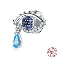 Cubic Zirconia Sterling Silver European Beads, 925 Sterling Silver, Eye, oxidation, micro pave cubic zirconia & hollow, blue 