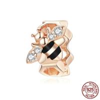 Cubic Zirconia Sterling Silver European Beads, 925 Sterling Silver, Bee, rose gold color plated, micro pave cubic zirconia & enamel 